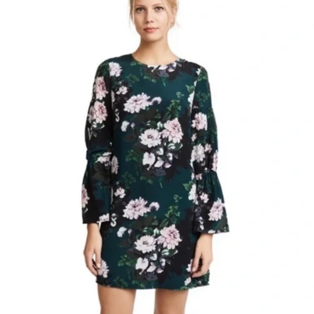 Club Monaco Sanai Green Floral Silk Puffed Bell Sleeve Mini Dress, Size 0